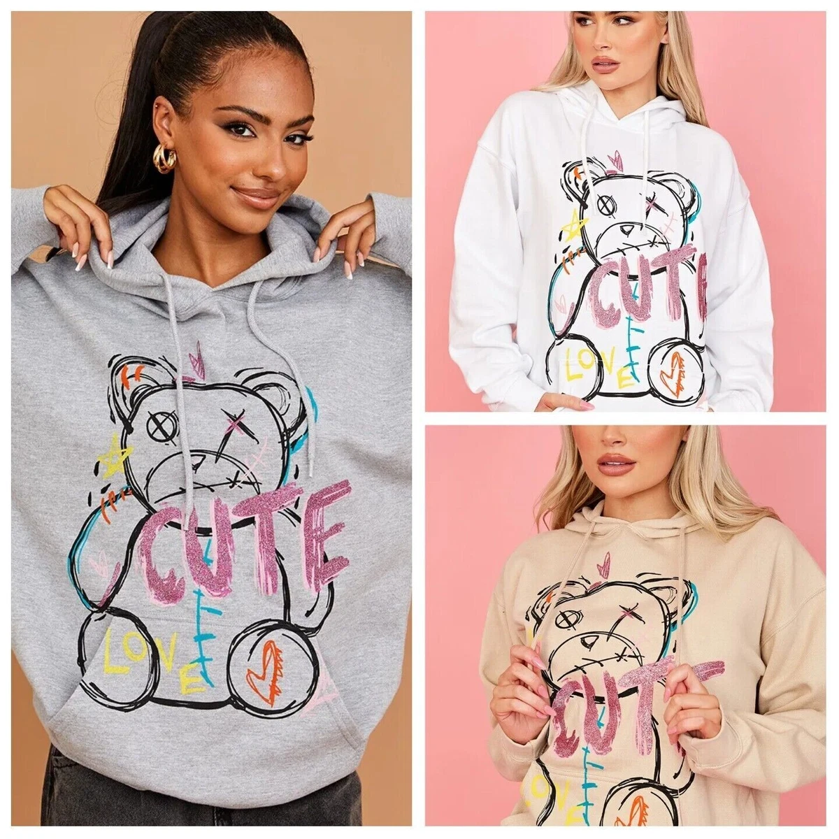 Ladies Women Oversized Cute Teddy Graphic Printed Hooded Fleece Jumper Top  8-18