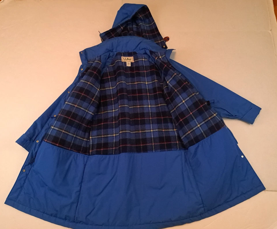 Vintage LL Bean USA Blue Wool Plaid Insulated Parka & hood  Jacket Button&Zip Lg - Image 2 of 4