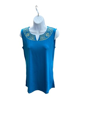 Susan Graver Liquid Knit Sleeveless Embroidered Top Plus XS Marlin Blue
