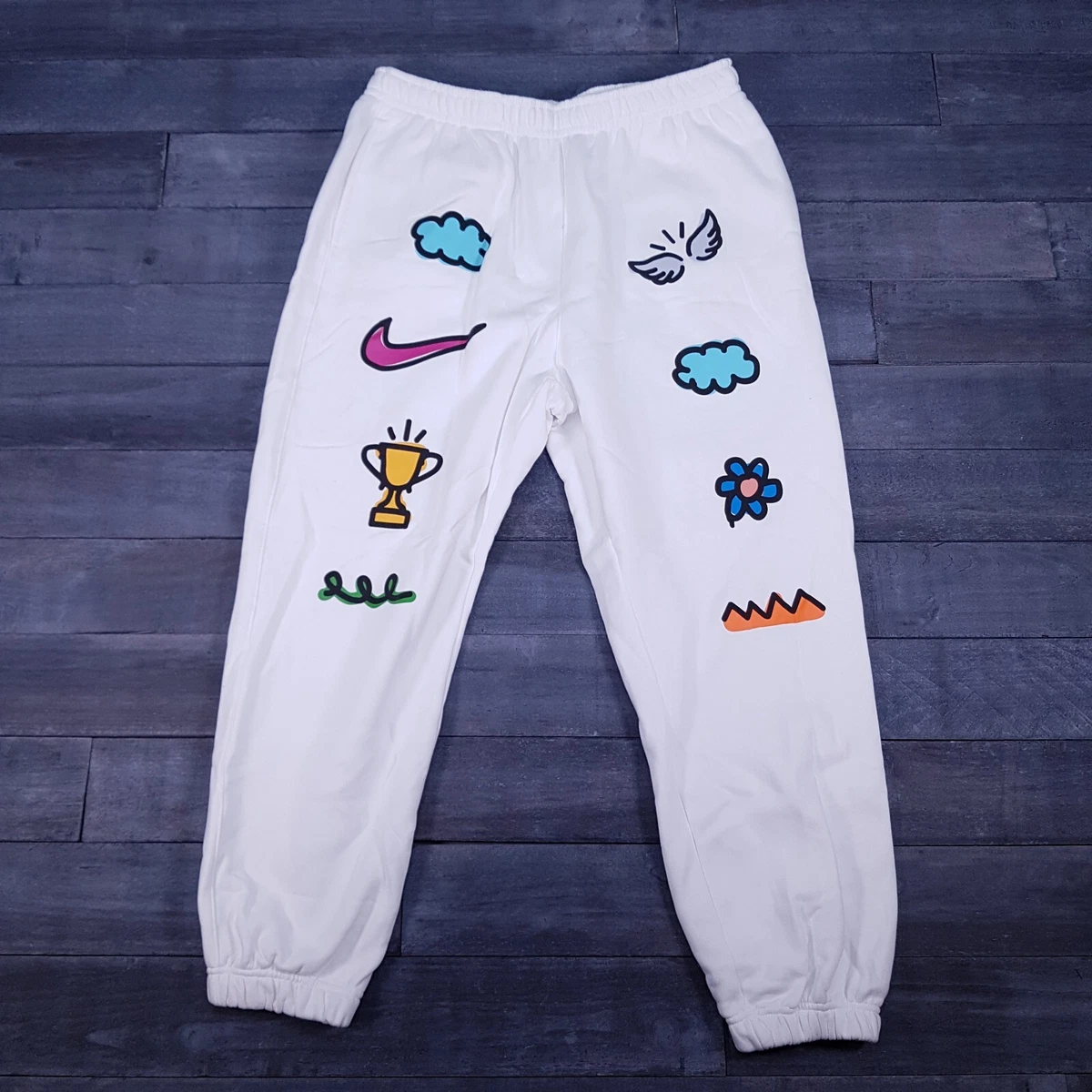 NIKE Doodleglyphs Fleece Tapered Joggers Sweatpants Mens Size 2XL White