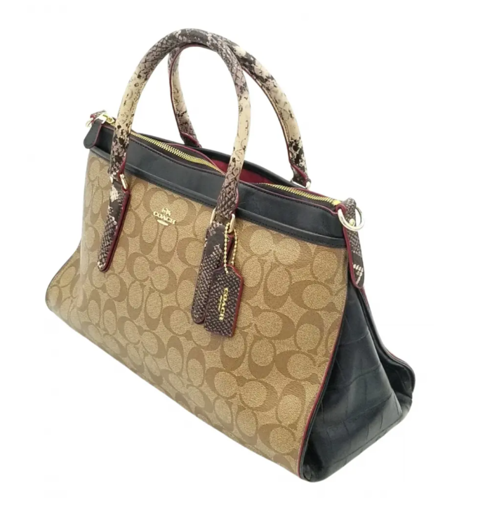 Coach Medium Beige Signature C Canvas Satchel Bag W/Exotic Snake