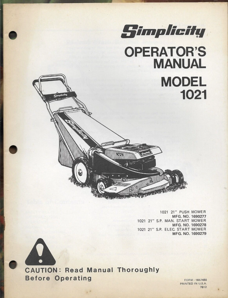 SIMPLICITY PUSH MANUAL ELECTRIC START 21 ROTARY MOWERS 1021 Operator's  Manual