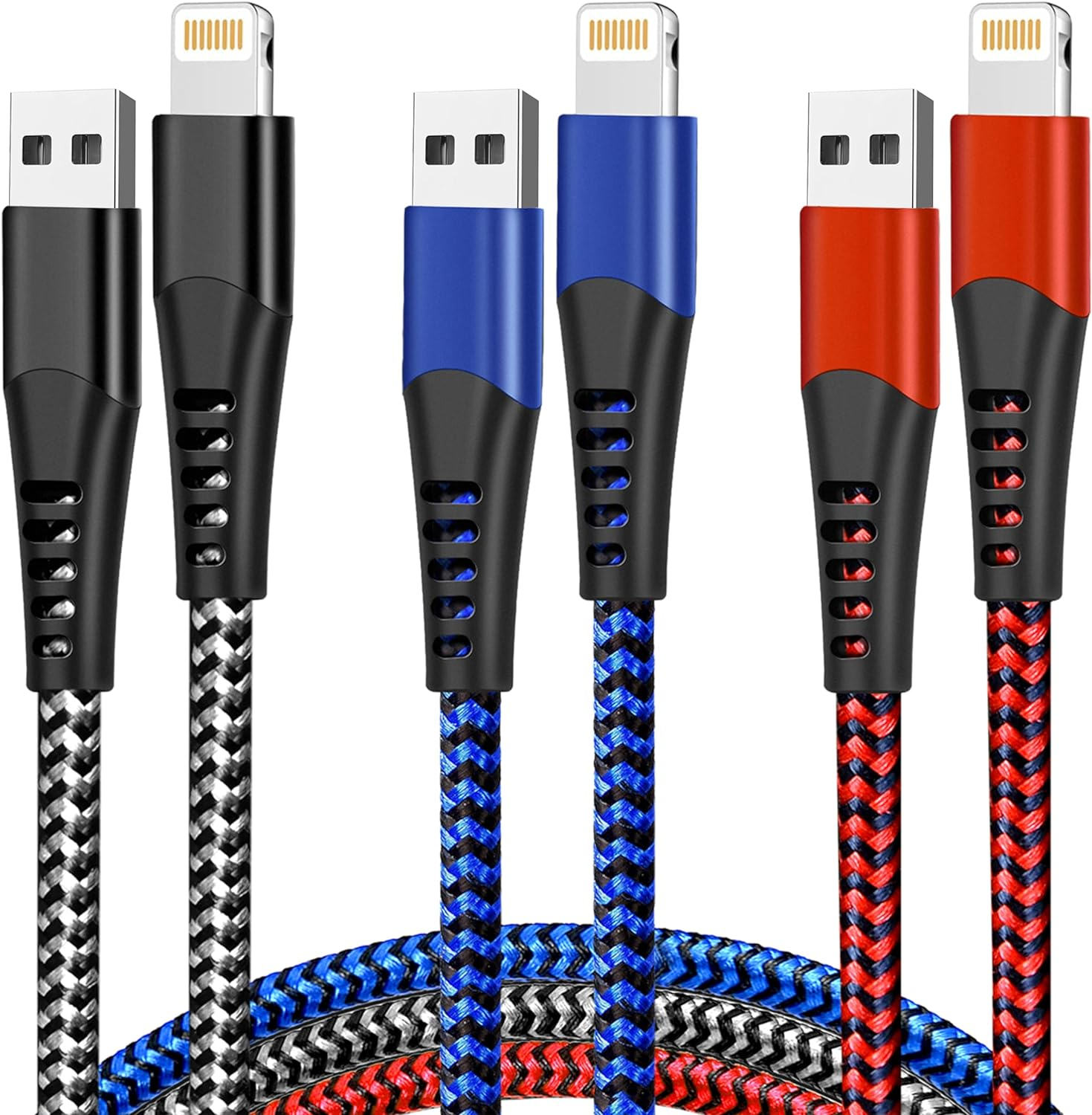 USB Lightning Cable 3 Pack 6FT Iphone Charger Apple Mfi Certified Nylon Braided-image