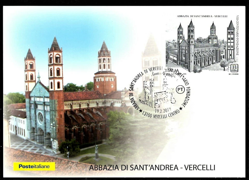 Italia 2019 : Abbazia Sant'Andrea, Vercelli - Cartolina Ufficiale Poste Italiane