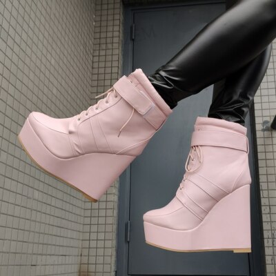 Women Platform Wedges Boots Lace Up High Heels Boots