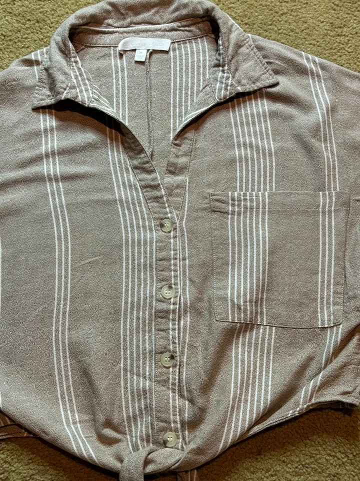 Adyson Parker полоски галстук спереди кнопка вверх укороченный верхний льняной большого размера кимоно рукав M - Изображение 3 из 4