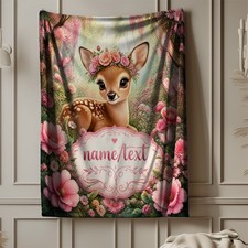 Baby Deer Flower Crown Coral Fleece Blanket Woodland Floral Decor