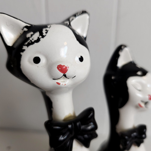 Vintage Paar Smoking MCM schwarz weiß Katze Figur langer Hals geneigter Kopf Schleifen Taiwan - Bild 15 von 20