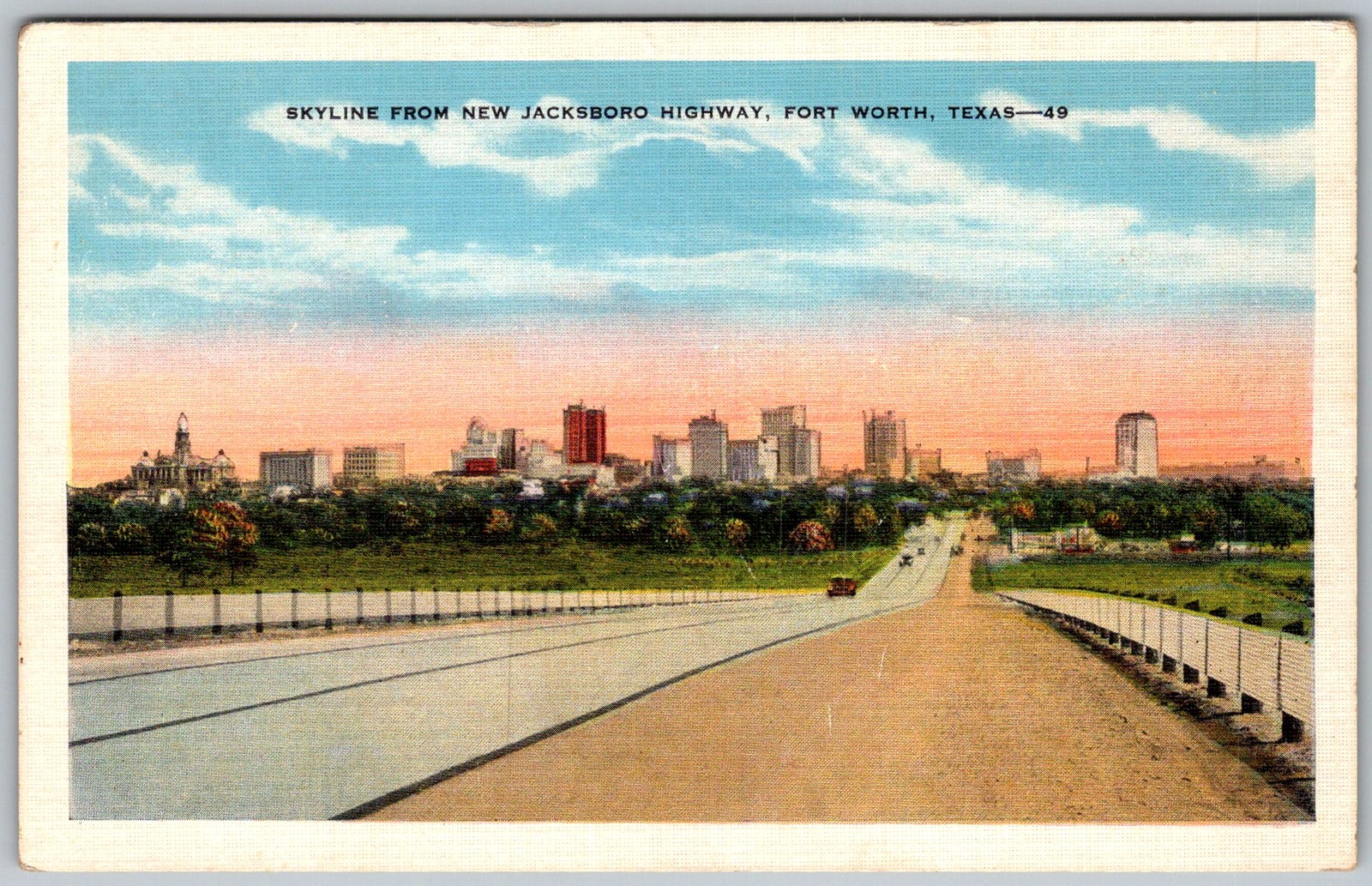 Vtg Linen Postcard New Jacksboro Highway Skyline Fort Worth, TX 1940s