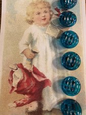 Set of 6 ~ Vintage  1/2" Painted Teal Crystal Wave Glass Buttons~ NOS