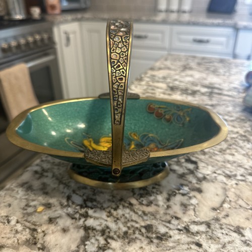 Vintage JUDAICA ENAMEL & BRASS Pedestal Bowl w/ Handle - Teal, Made in Israel