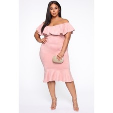 Fashion Nova Aliana Ruffle Dress 3X Dusty Pink Off Shoulder Midi Bodycon