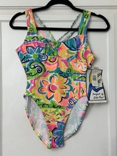 Vintage Gilda Marx Jump Neon Abstract Leotard Medium Cotton Dance High Cut