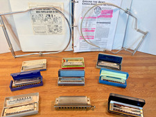 LOT OF 9 HARMONICAS  2 NECK HOLDERS  "BLUES HARP" book