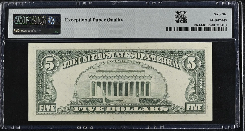 1977 $5 Federal Reserve Note Fr-1974-G Chicago PMG66 Gem EPQ - Image 2 of 2