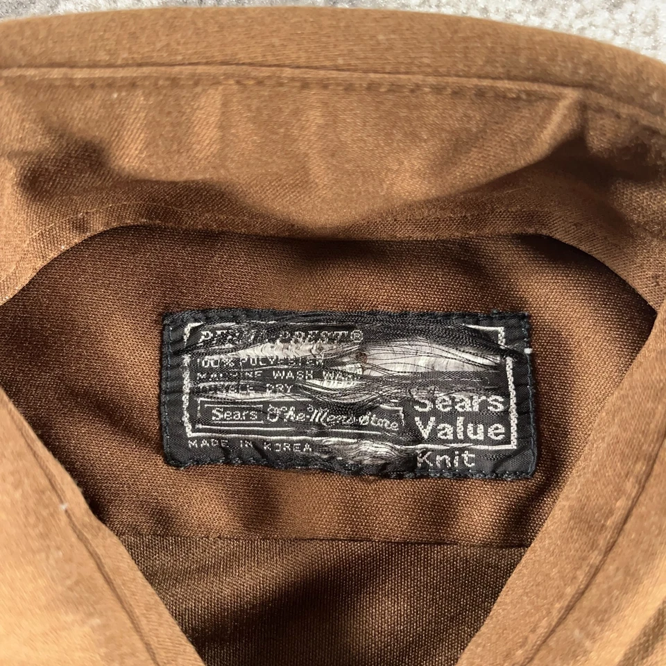 Винтажный Sears мужской магазин рубашка мужская средний коричневый коротким рукавом кинжал воротник 70-х 80-х - Изображение 4 из 4