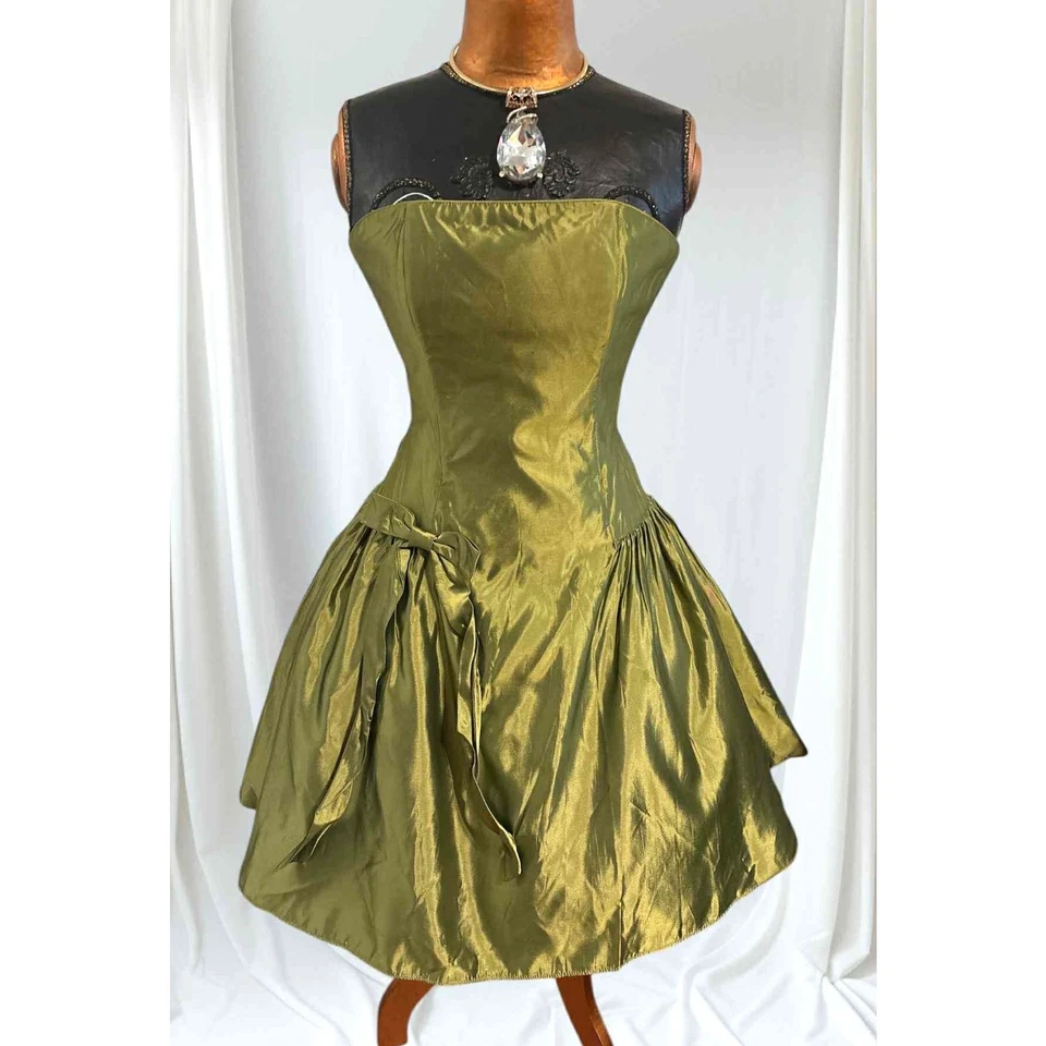 Vestido Falda Completa Vintage Jessica McClintock Verde Tafetán Sin Tirantes Fiesta Baile de graduación 8 Foto 4 de 4