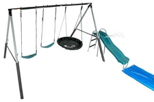Water Slide Swing Set with 6 Ft Water Tarp, Disc Swing, 2 Sling Swings, 3-Sea...