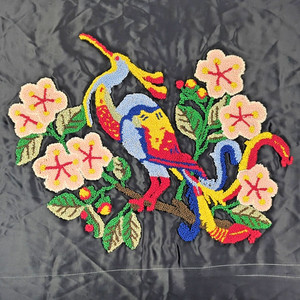 Vintage Punch Needle Tropical Bird Flowers on Black Satin Large 15x13 for Pillow
