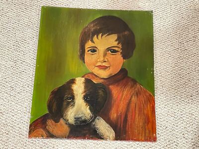W.P.A. ERA FOLK ART OIL PAINTING - CHILD WITH DOG - SIGNED & DATED