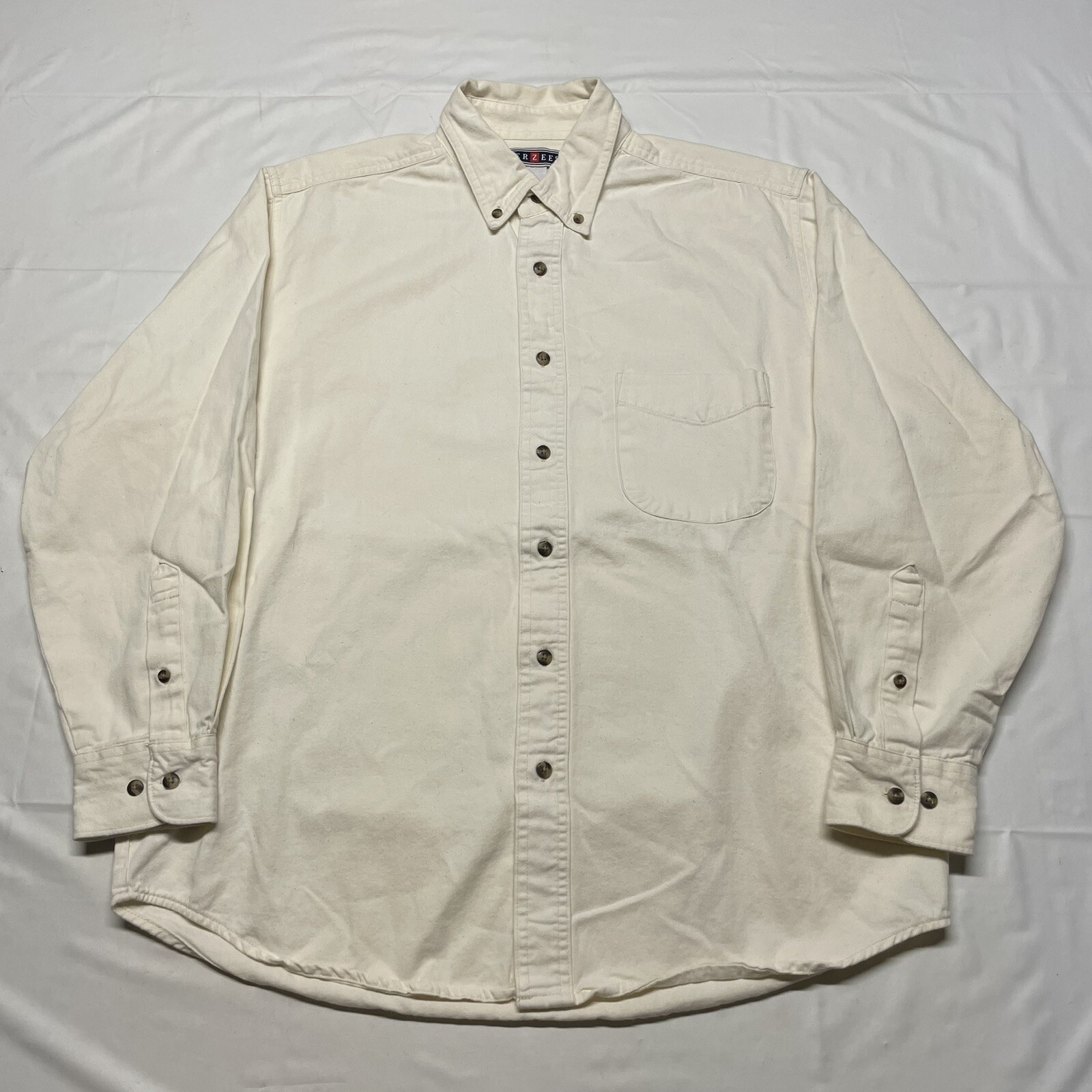 Vintage 90s Beige Button Up Shirt Men's Large Long Sleeve Hipster Grunge Casual