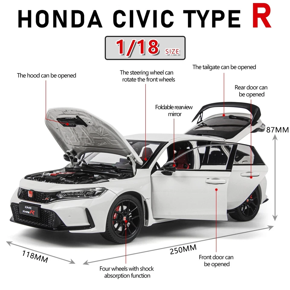 Paudi Honda Civic Type-R 2023 FL5 Blanco Diecast Modelo Coche Regalo Escala 1:18 Foto 2 de 4