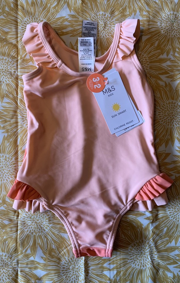 BNWT M&S Baby Girls 912 months Pink UPF 50+ Swimming Costume peach