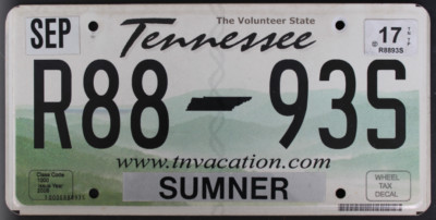  Tennessee  SUMNER COUNTY Sounds Good To Me  Sunrise  License Plate # SRW 600