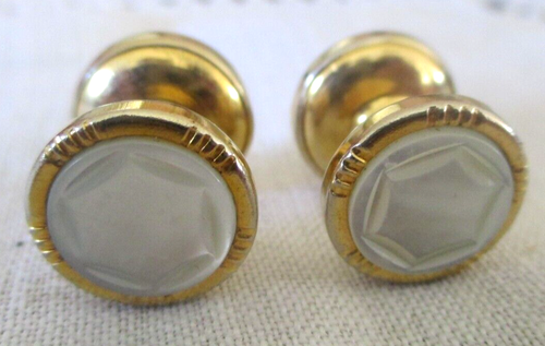 Boutons De Manchette Vintage - Or Et Nacre Ronds Gravés - Parfait État - Occasion