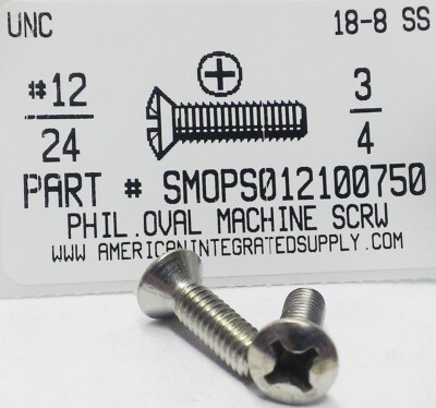 #12-24x3/4 Oval Head Phillips Machine Screws Stainless Steel (25)