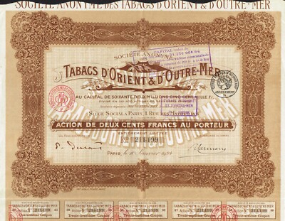 FRANCE ORIENT & OVERSEAS TOBACCO COMPANY stock certificate/ bond W/COUPONS 