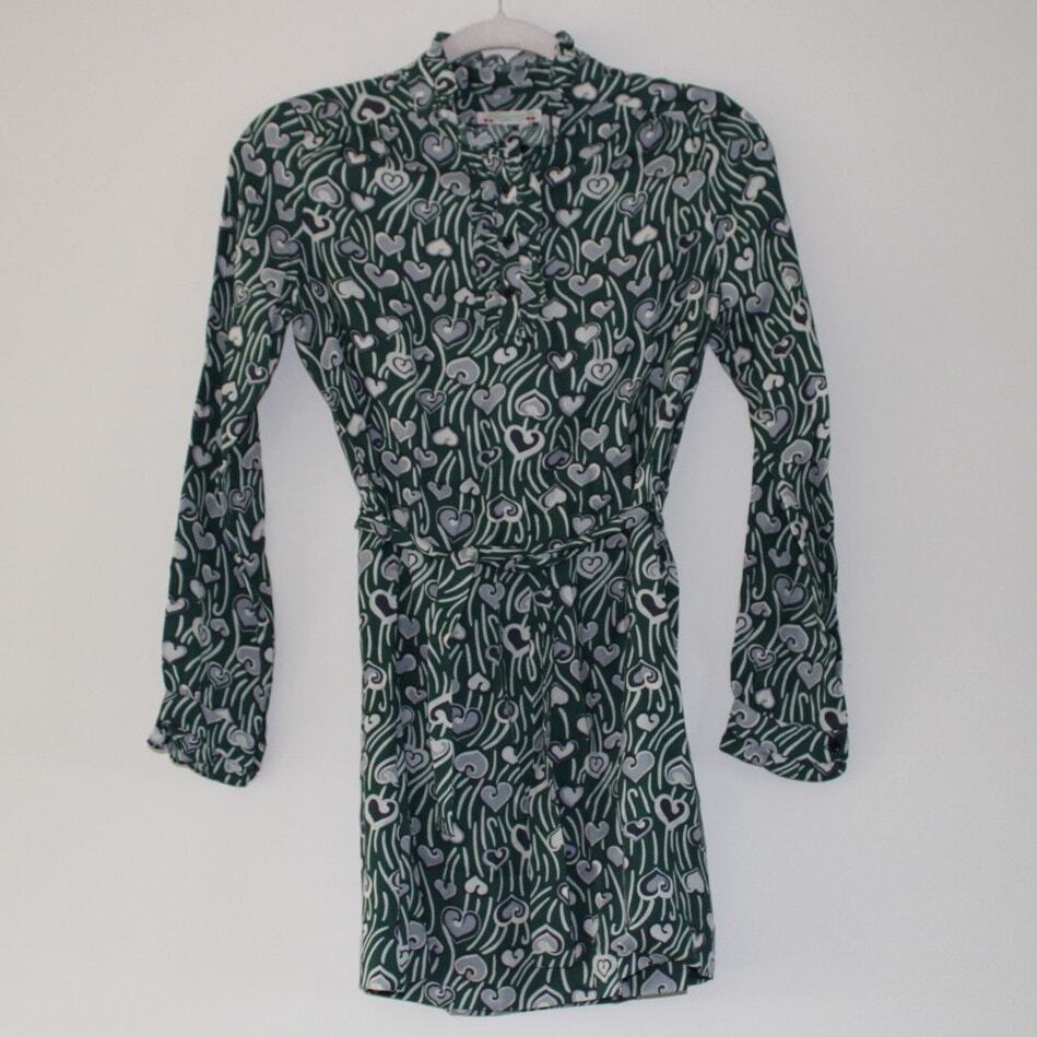 Bonpoint Jeanne Long Sleeve Shirt Dress Green Heart Print Belted Viscose 12