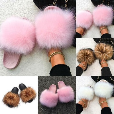 Furry Fur Slippers Faux Fox Sandals Fuzzy Sole Plush Cozy Modern Fluffy Slides
