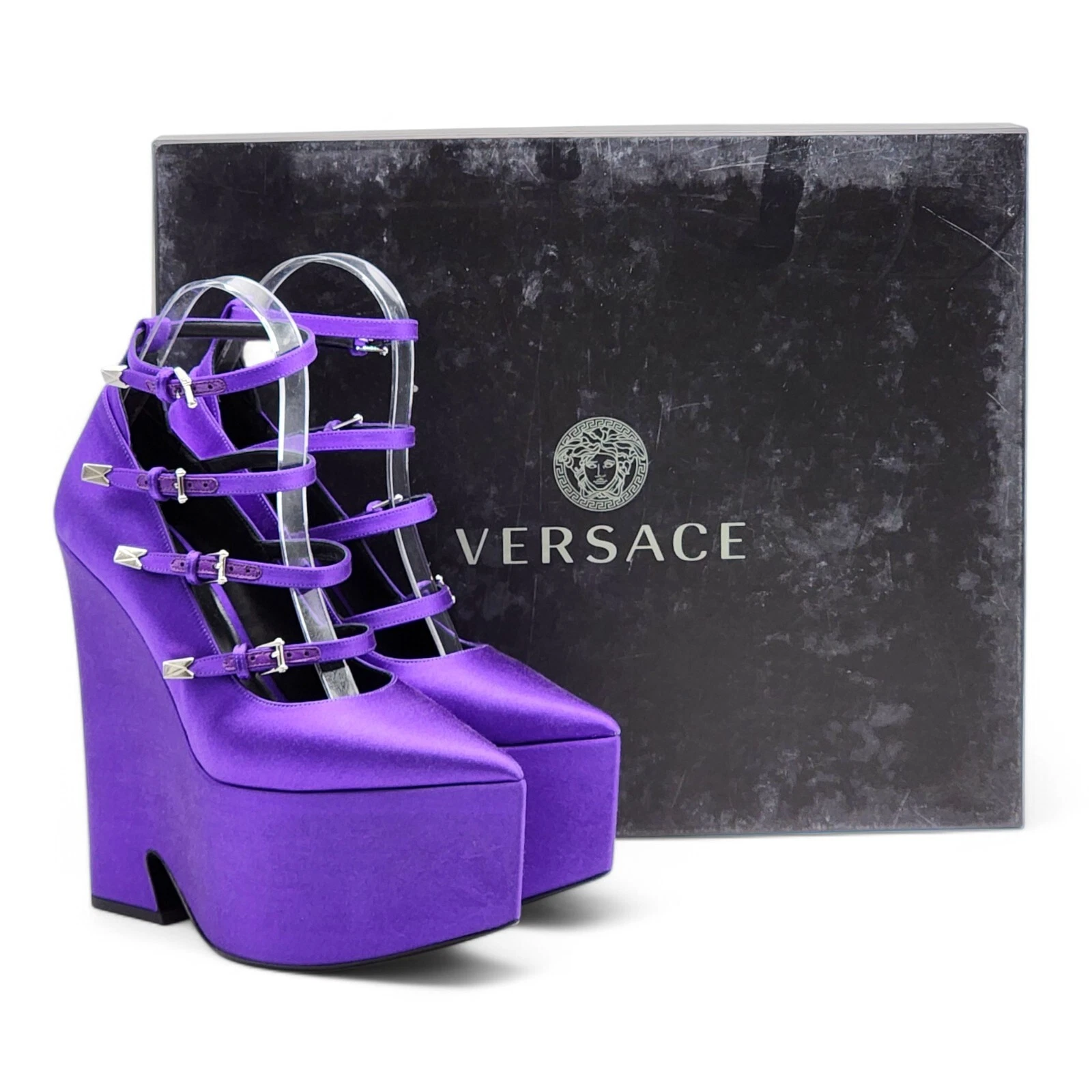 Versace Tempest décolleté plateau in raso con cinturino viola EU 41 US 11 nuove $1445