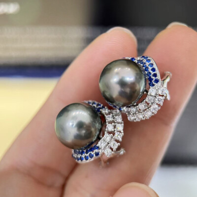 stunning 10-11mm tahitian round black green pearl stud earring 925s