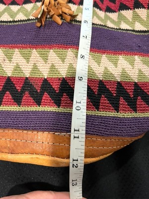 Vtg Hand Loomed Aztec Tapestry Handbag Tan Leather Barrel  display picture 1