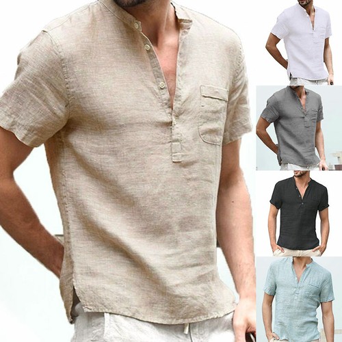 Mens Short Sleeve Button T-Shirt Blouse 