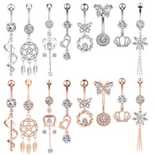 14G Surgical Steel Belly Button Ring Dangle Navel Ring CZ Barbell Piercing- ONE