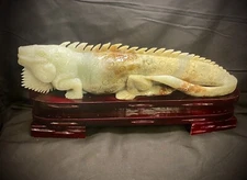 Incredible Lifelike 8.5 Pound Afghan Jade Iguana Carving With Wood Stand