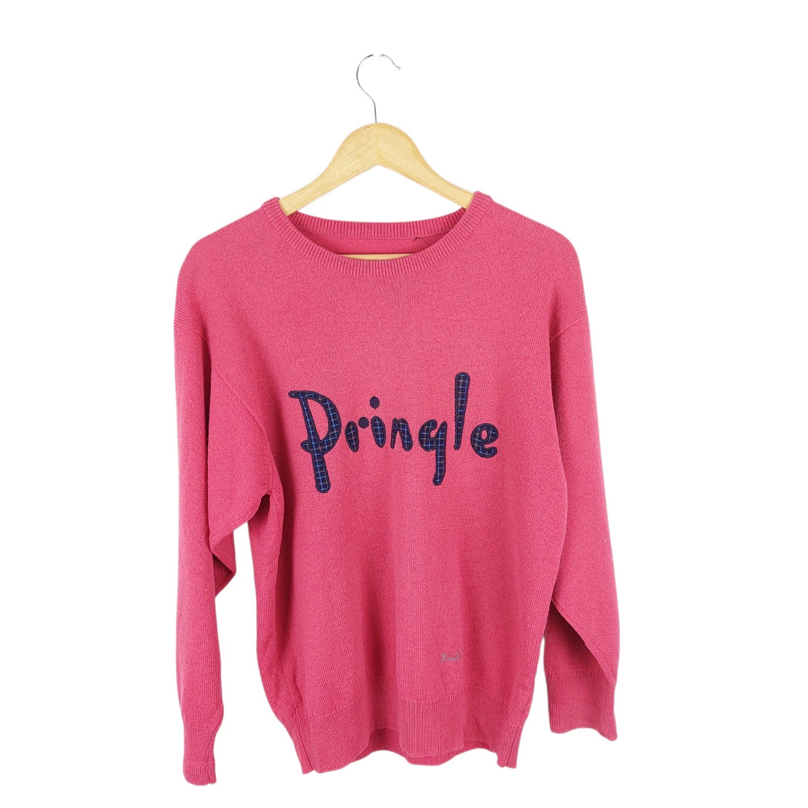 Pringle Vintage Men's Pink Embroidered Logo Crew Neck Wool Jumper Size Small
