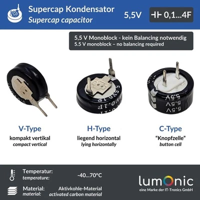 LUMONIC Supercap 0,1…4,0F 5,5V H/C/V-Type, EDLC ad uso diretto, alta capacità, 5,5