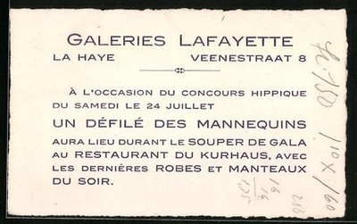 Vertreterkarte La Haye, Galeries Lafayette, un defile des Mannequins 