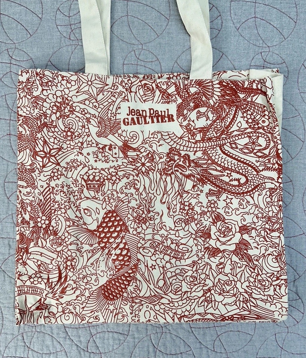 Jean Paul Gaultier JPG Tattoo Tote Bag Fish Dragon Red Beige