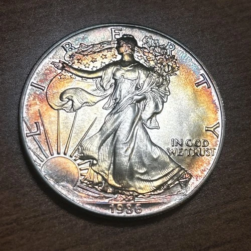 1986 $1 American Silver Eagle Gem Uncirculated Rainbow Toning
