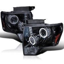 Ford F-150 Smoked Headlights Halo LED Projector Headlights Glossy Black Smoke Lens 2009-2014 Ford F-150 Pair
