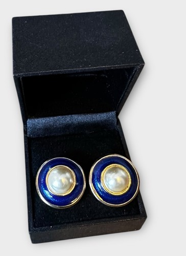 Vintage Statement Earrings Gold Tone Blue Enamel Faux Pearl Costume Jewellery - Picture 3 of 4