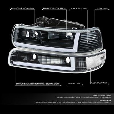 Speed Daddy Black/Clear Headlight Assembly With LED DRL For 99-06 Silverado & Suburban – Bumper Signal Lamps Included