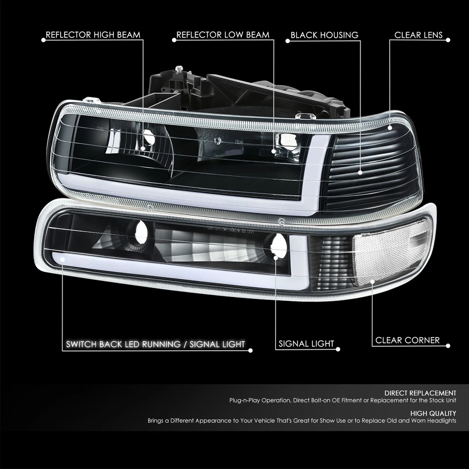 [Switchback Doble L-LED DRL] Para 99-06 Silverado Suburban Faros Negro/Claro Foto 2 de 4