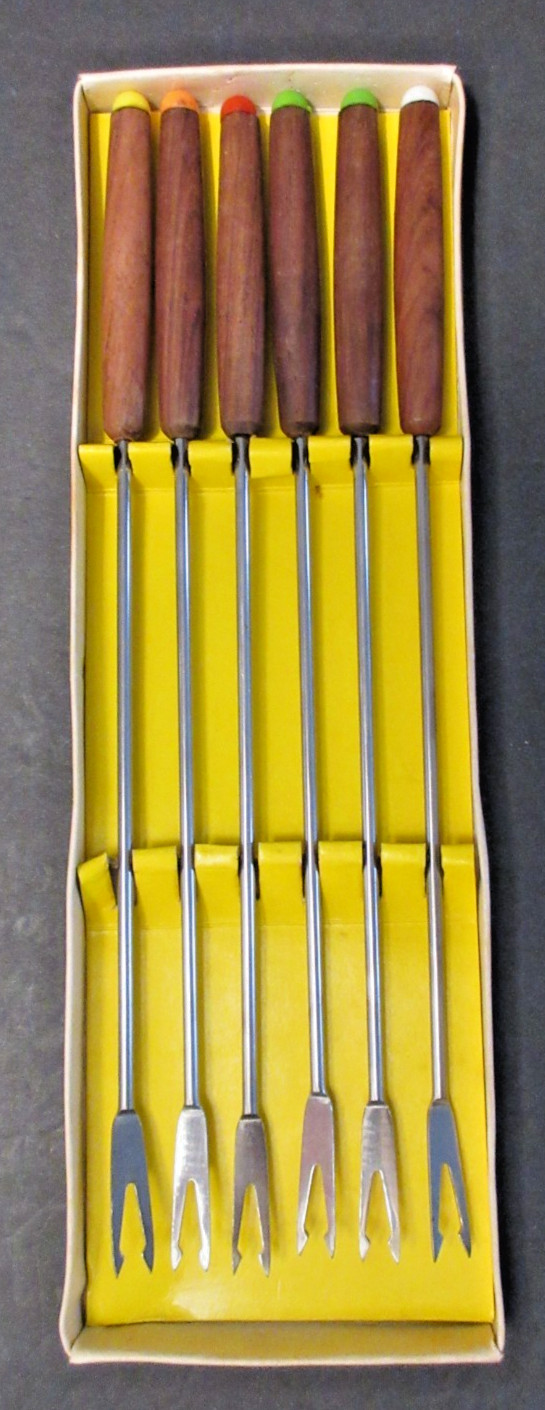 VINTAGE MCM Set of 6 Stainless Steel Fondue Forks w/Wooden Handles Original Box