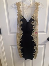 JOVANI Black Gold Embroidered Beaded Mesh Sleeveless V-Neck Prom Cocktail Dress